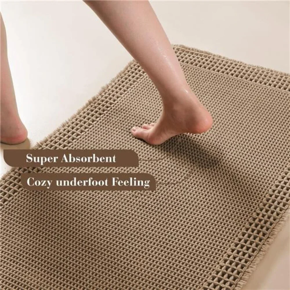 Waffle Bathroom Runner Rugs, Super Absorbent Bath Mat Non Slip Washable